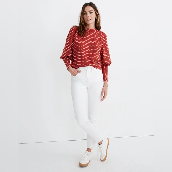 Madewell Puff-Sleeve Mockneck Red Sweater in Bow-Tie Jacquard - Picture 2 of 8